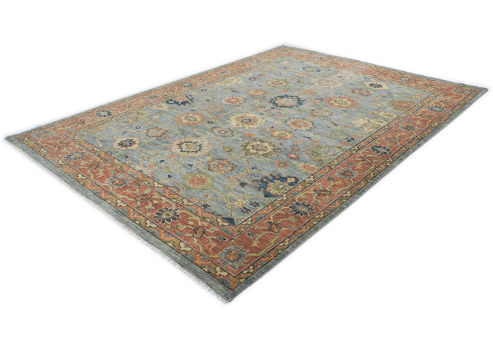 10x14 Blue, Rose, Lime Color Hand Knotted Oushak Wool Arts and Crafts Oriental Rug