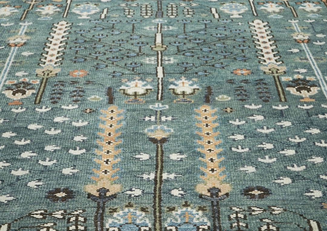 10x14 Celadon, Ivory, Brown Color Hand Knotted Oushak Wool Transitional Oriental Rug