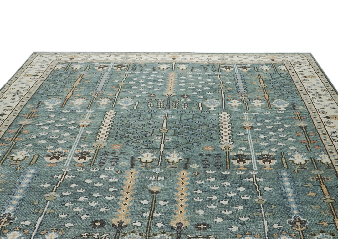 10x14 Celadon, Ivory, Brown Color Hand Knotted Oushak Wool Transitional Oriental Rug