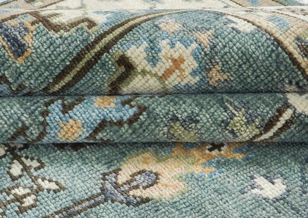 10x14 Celadon, Ivory, Brown Color Hand Knotted Oushak Wool Transitional Oriental Rug