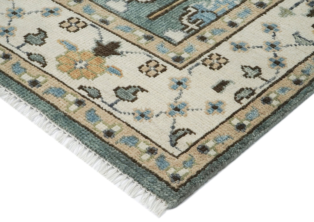 10x14 Celadon, Ivory, Brown Color Hand Knotted Oushak Wool Transitional Oriental Rug