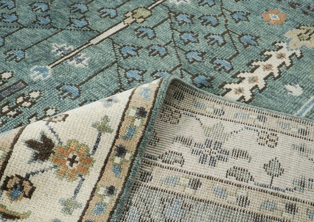 10x14 Celadon, Ivory, Brown Color Hand Knotted Oushak Wool Transitional Oriental Rug