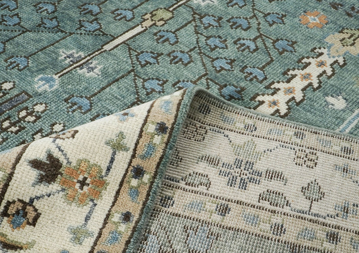 10x14 Celadon, Ivory, Brown Color Hand Knotted Oushak Wool Transitional Oriental Rug