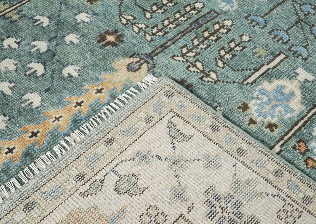 10x14 Celadon, Ivory, Brown Color Hand Knotted Oushak Wool Transitional Oriental Rug