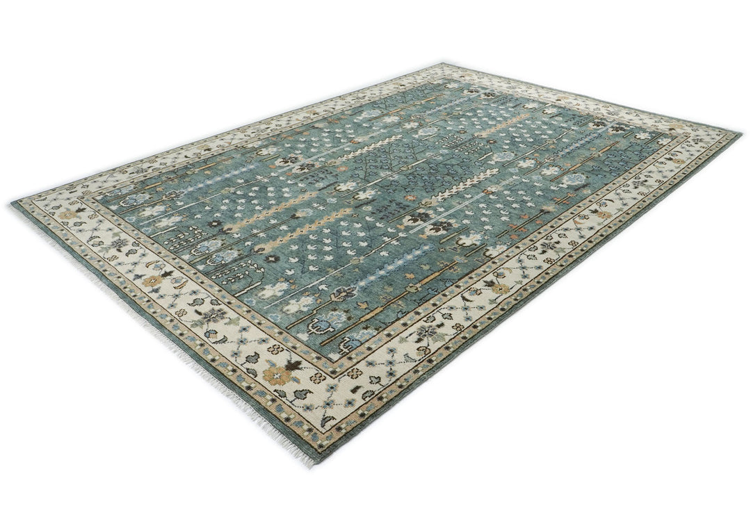 10x14 Celadon, Ivory, Brown Color Hand Knotted Oushak Wool Transitional Oriental Rug