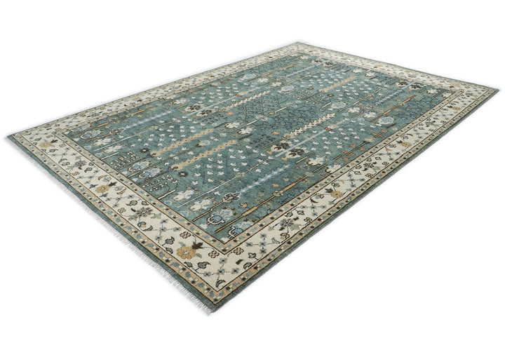 10x14 Celadon, Ivory, Brown Color Hand Knotted Oushak Wool Transitional Oriental Rug