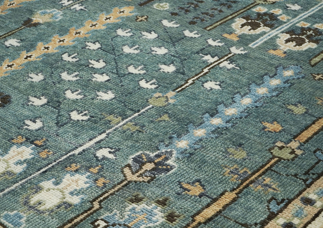 10x14 Celadon, Ivory, Brown Color Hand Knotted Oushak Wool Transitional Oriental Rug