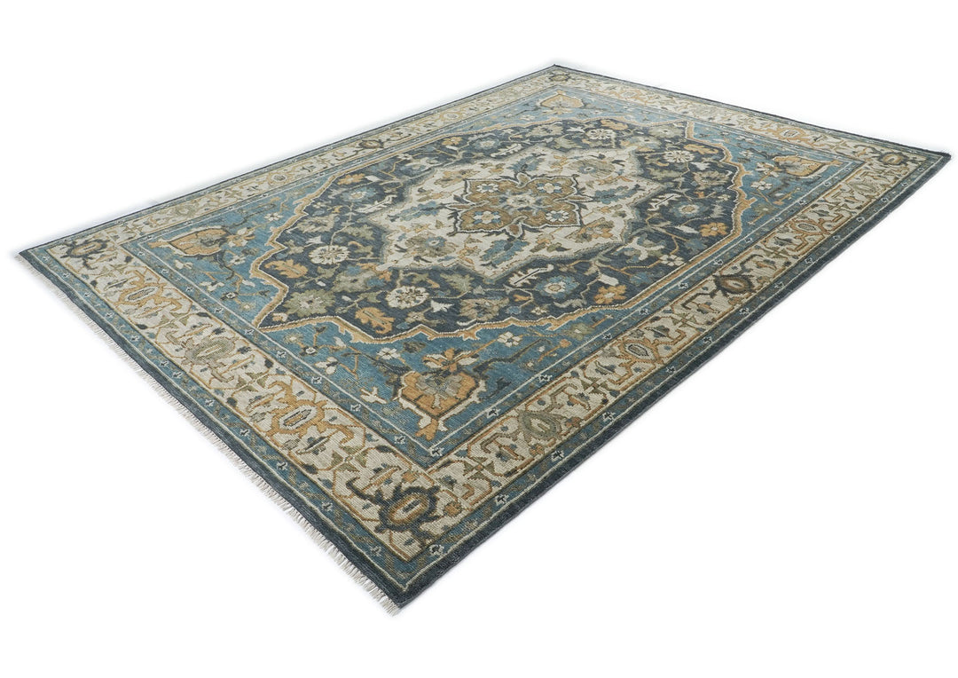 10x14 Blue, Beige, Gold Color Hand Knotted Oushak Wool  Oriental Rug