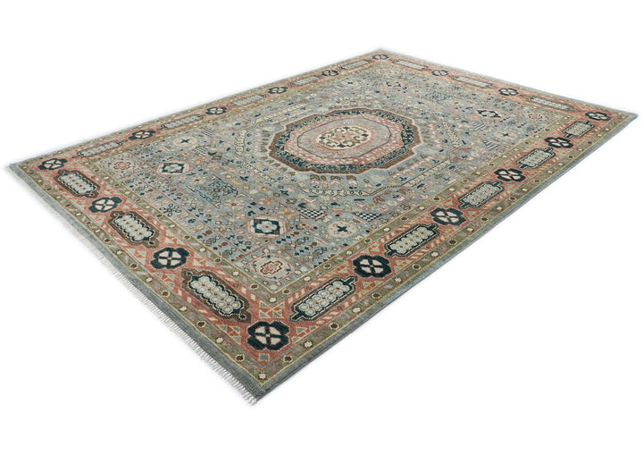 10x14 Slate, Rose, Green Color Hand Knotted Oushak Wool Traditional Oriental Rug