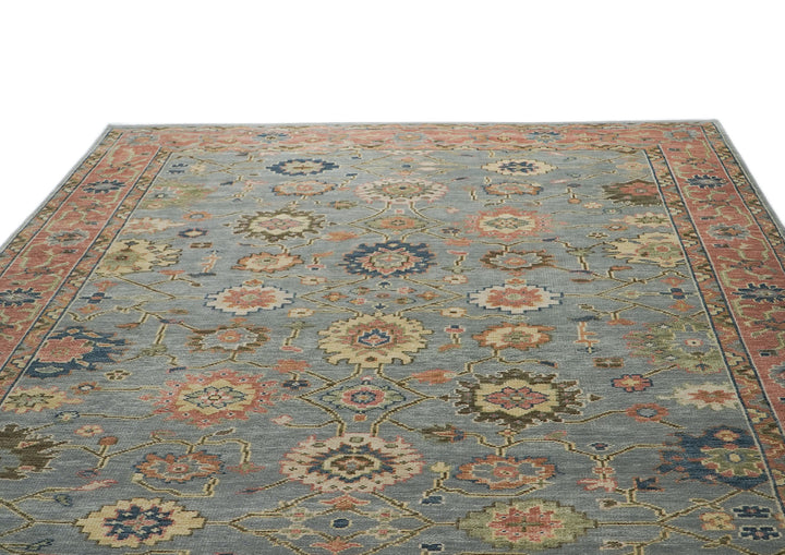 10x14 Blue, Rose, Lime Color Hand Knotted Oushak Wool Arts and Crafts Oriental Rug