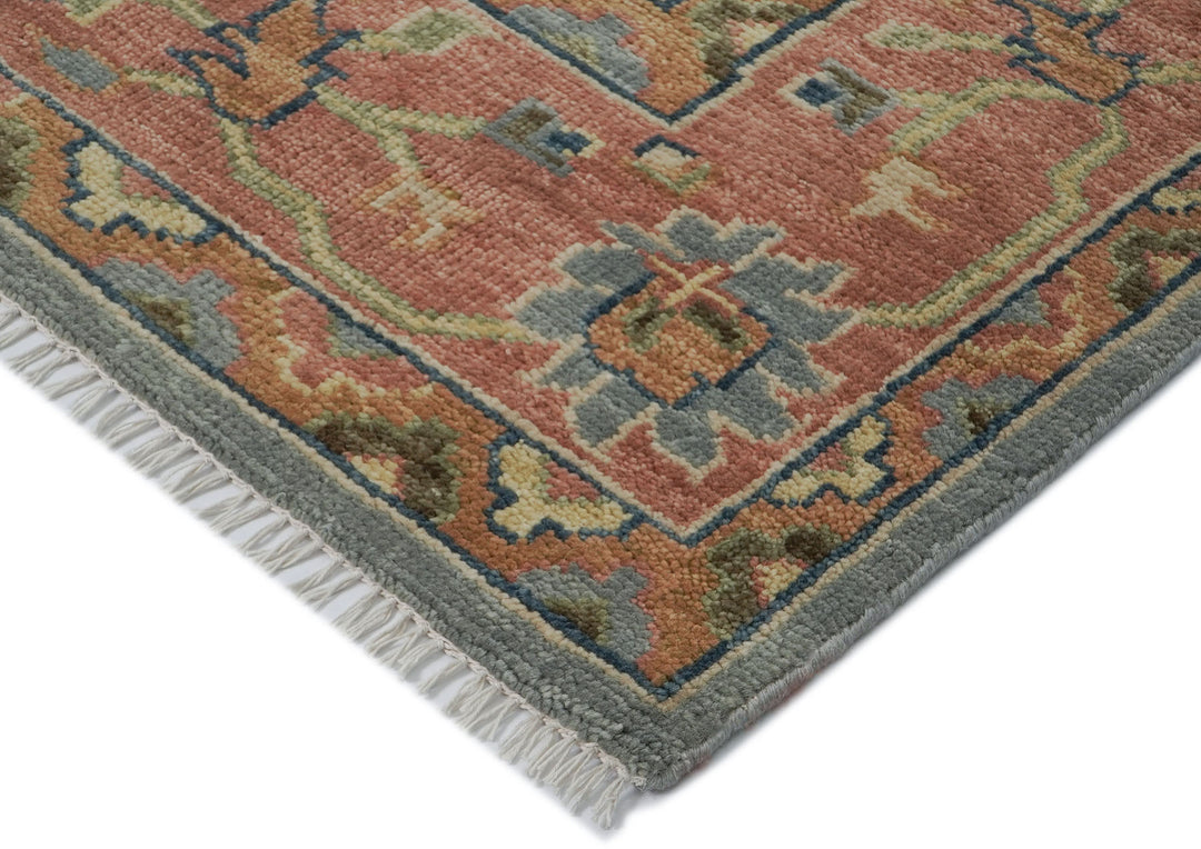 10x14 Blue, Rose, Lime Color Hand Knotted Oushak Wool Arts and Crafts Oriental Rug