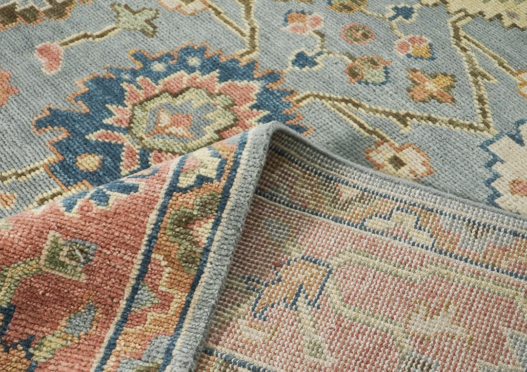 10x14 Blue, Rose, Lime Color Hand Knotted Oushak Wool  Oriental Rug