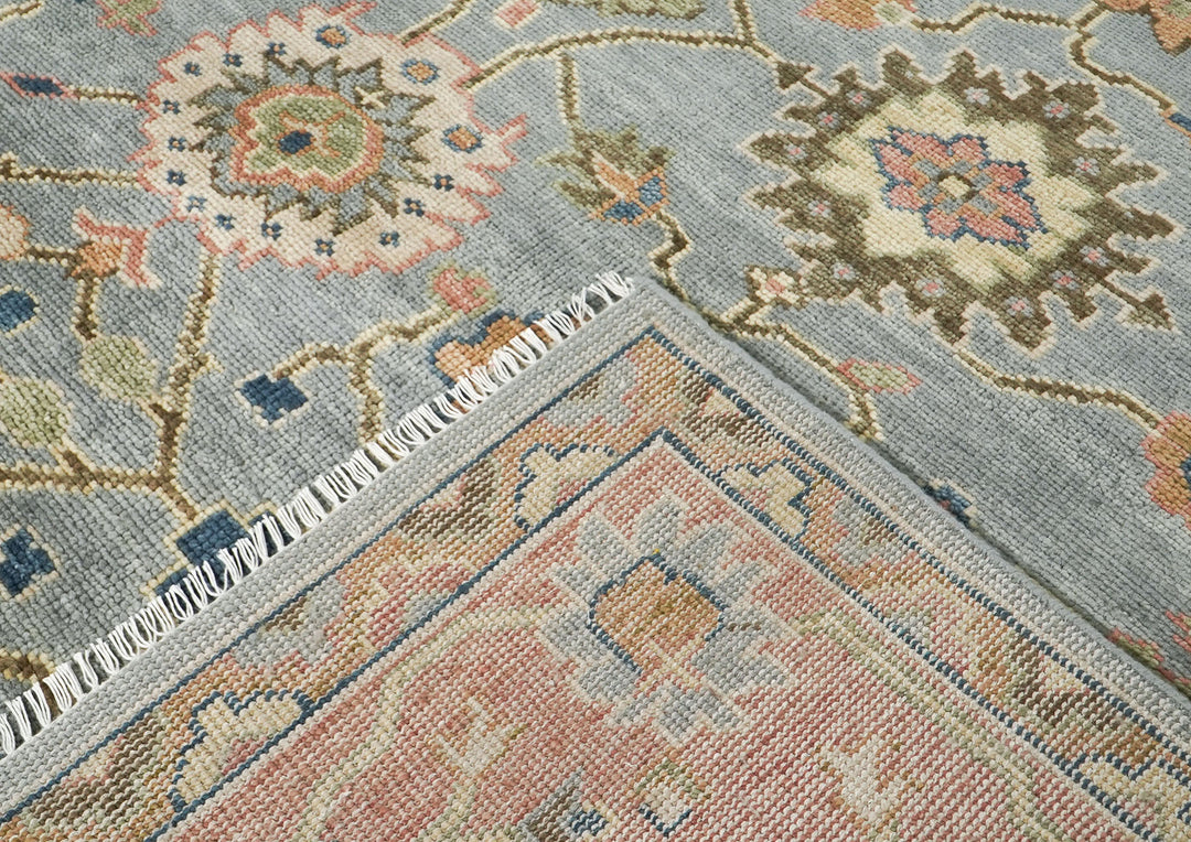 10x14 Blue, Rose, Lime Color Hand Knotted Oushak Wool Arts and Crafts Oriental Rug