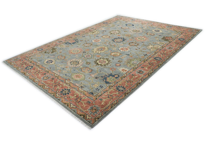 10x14 Blue, Rose, Lime Color Hand Knotted Oushak Wool  Oriental Rug
