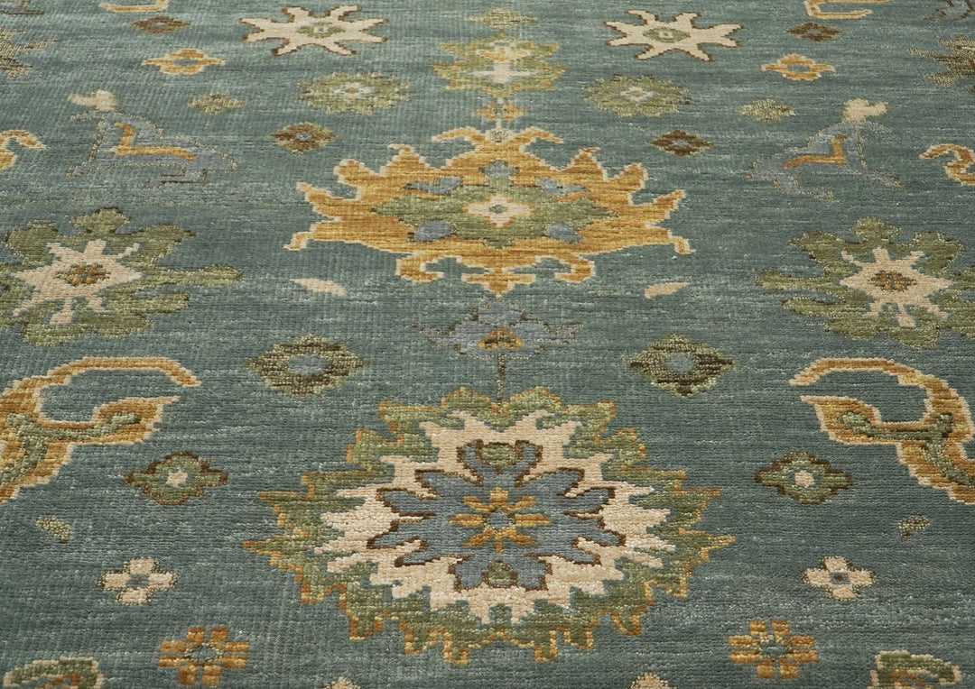 10x14 Seledon, Gold, Ivory Color Hand Knotted Oushak Wool Arts and Crafts Oriental Rug