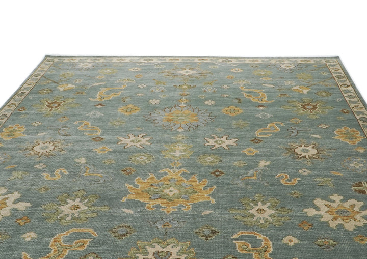 10x14 Seledon, Gold, Ivory Color Hand Knotted Oushak Wool Arts and Crafts Oriental Rug