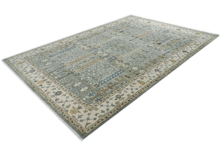 10x14 Slate, Ivory, Blue Color Hand Knotted Oushak Wool Transitional Oriental Rug