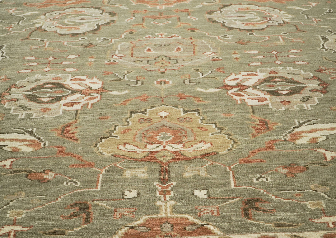 10x14 Green, Beige, peach Color Hand Knotted Oushak Wool Arts and Crafts Oriental Rug