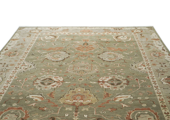 10x14 Green, Beige, peach Color Hand Knotted Oushak Wool Arts and Crafts Oriental Rug