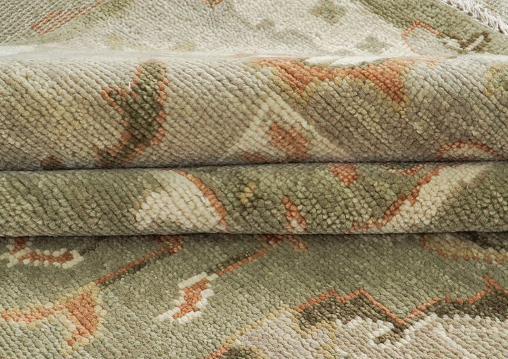 10x14 Green, Beige, peach Color Hand Knotted Oushak Wool Arts and Crafts Oriental Rug