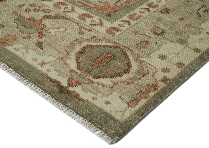 10x14 Green, Beige, peach Color Hand Knotted Oushak Wool Arts and Crafts Oriental Rug