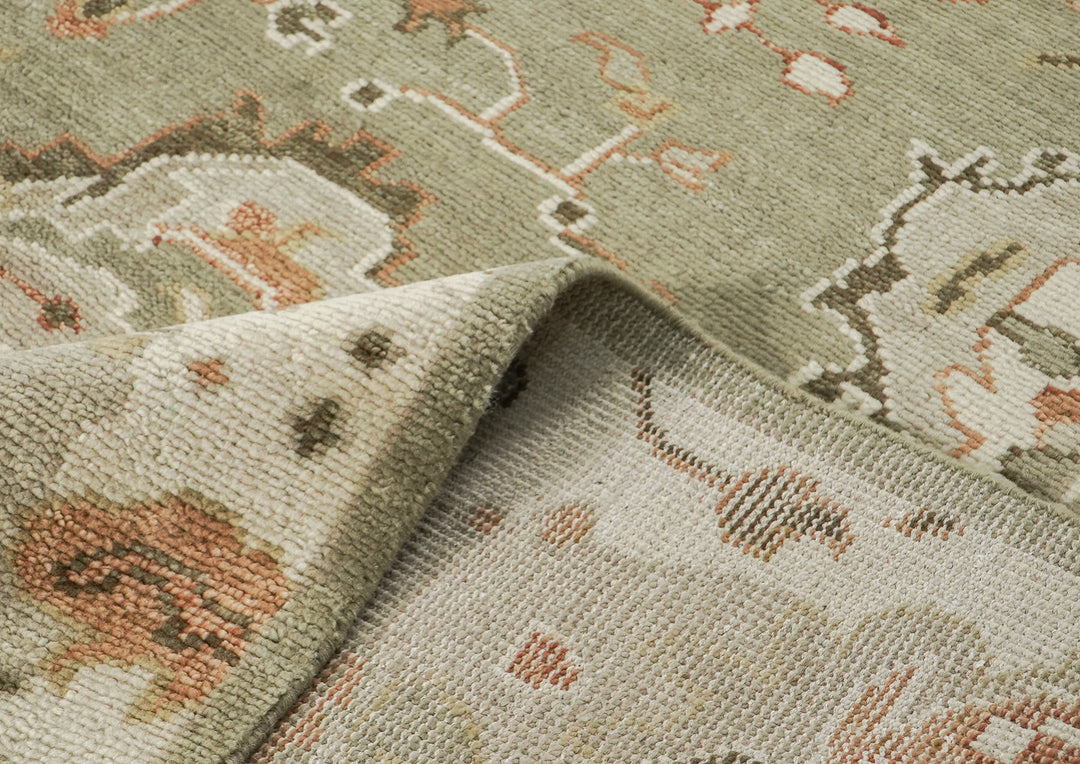 10x14 Green, Beige, peach Color Hand Knotted Oushak Wool Arts and Crafts Oriental Rug