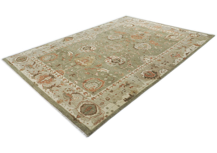 10x14 Green, Beige, peach Color Hand Knotted Oushak Wool Arts and Crafts Oriental Rug