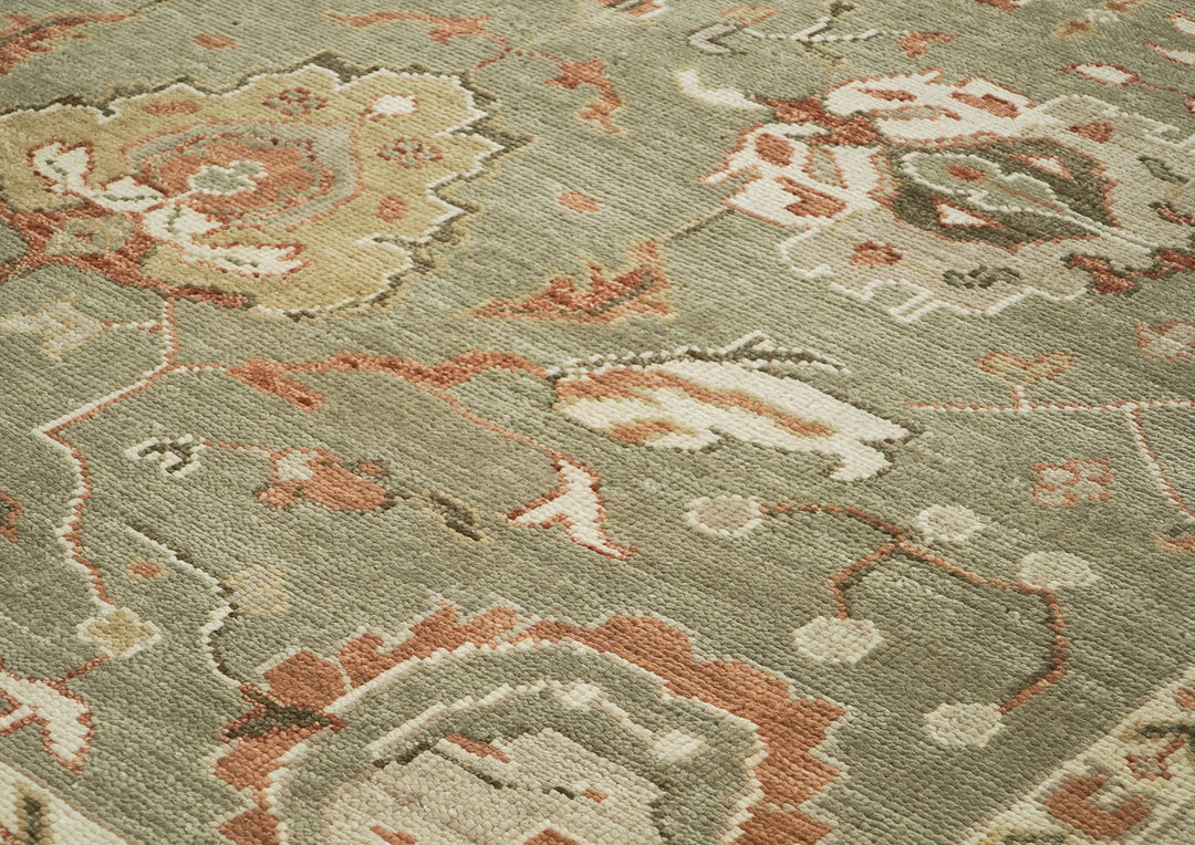 10x14 Green, Beige, peach Color Hand Knotted Oushak Wool Arts and Crafts Oriental Rug