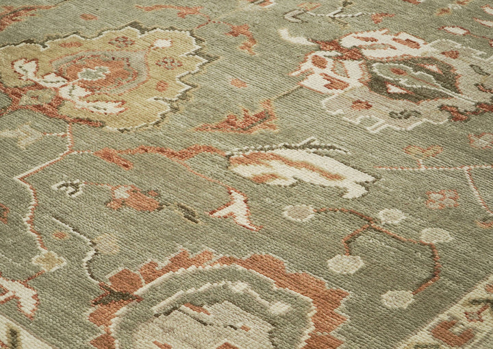 10x14 Green, Beige, peach Color Hand Knotted Oushak Wool Arts and Crafts Oriental Rug