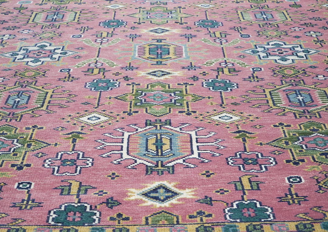 10x14 Pink, Blue, Lime Color Hand Knotted Oushak Wool Transitional Oriental Rug