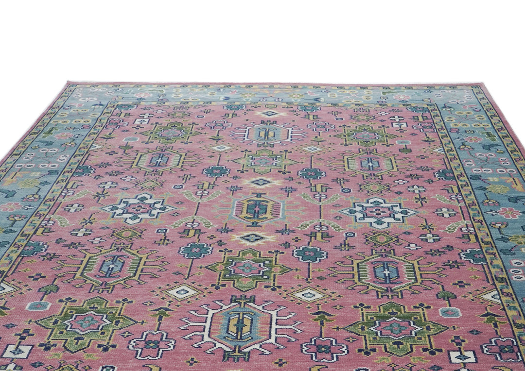 10x14 Pink, Blue, Lime Color Hand Knotted Oushak Wool Transitional Oriental Rug