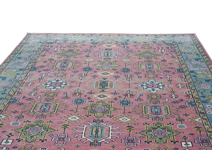 10x14 Pink, Blue, Lime Color Hand Knotted Oushak Wool Transitional Oriental Rug