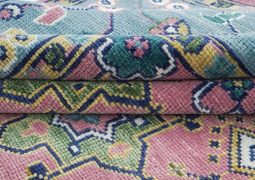10x14 Pink, Blue, Lime Color Hand Knotted Oushak Wool Transitional Oriental Rug