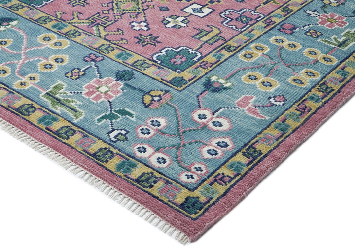 10x14 Pink, Blue, Lime Color Hand Knotted Oushak Wool Transitional Oriental Rug