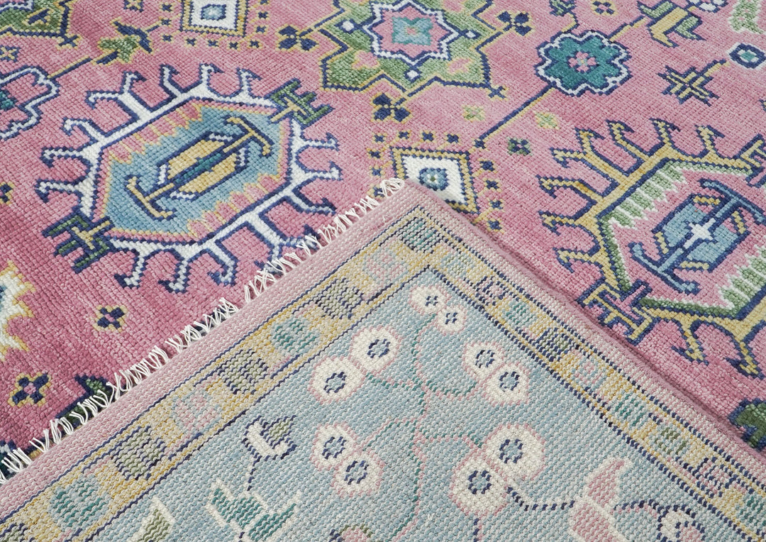 10x14 Pink, Blue, Lime Color Hand Knotted Oushak Wool Transitional Oriental Rug