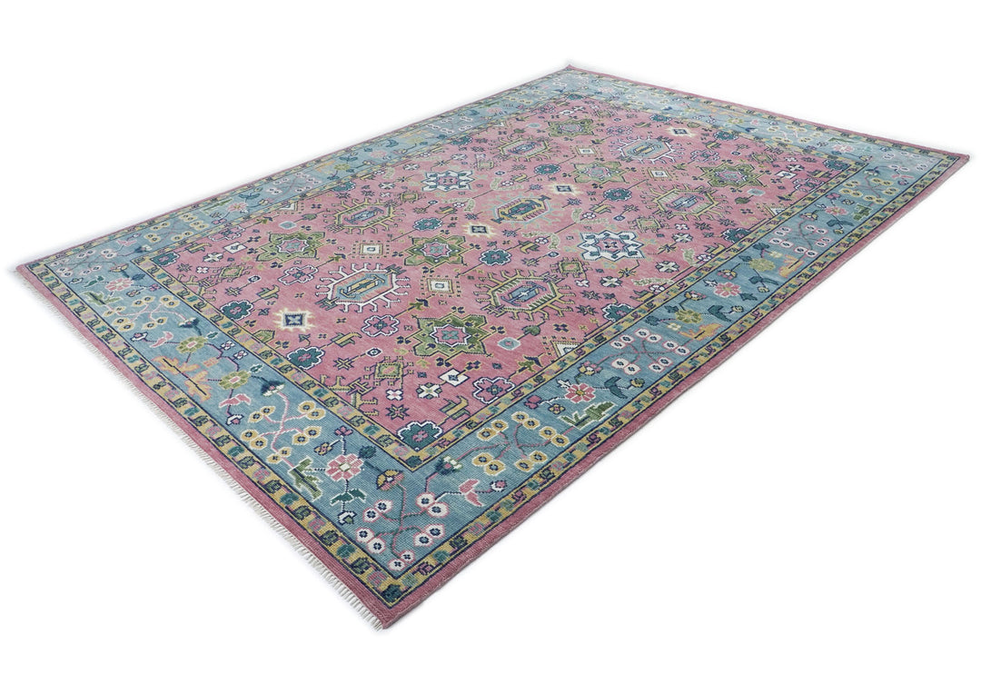 10x14 Pink, Blue, Lime Color Hand Knotted Oushak Wool Transitional Oriental Rug