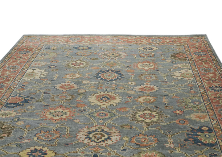 10x14 Blue, Rose, peach Color Hand Knotted Oushak Wool Arts and Crafts Oriental Rug