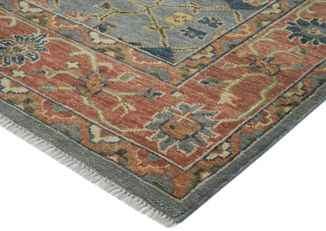 10x14 Blue, Rose, peach Color Hand Knotted Oushak Wool Arts and Crafts Oriental Rug