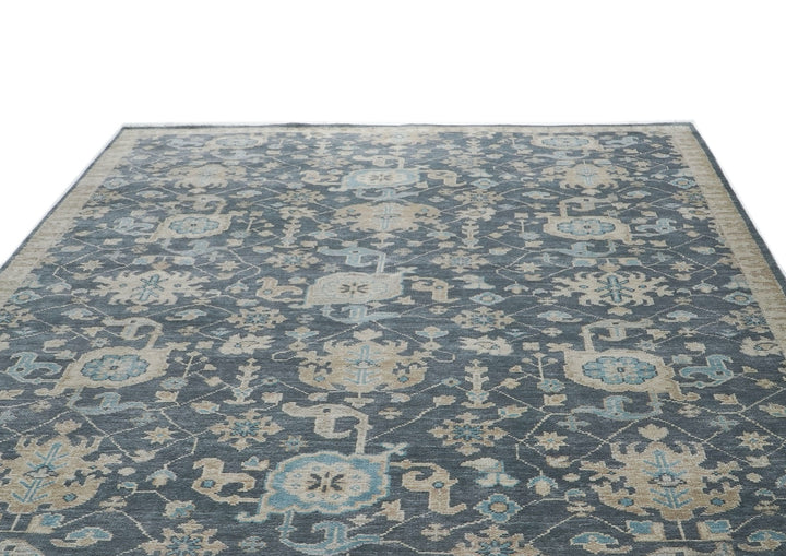 10x14 Blue, Beige, Tan Color Hand Knotted Oushak Wool Arts and Crafts Oriental Rug