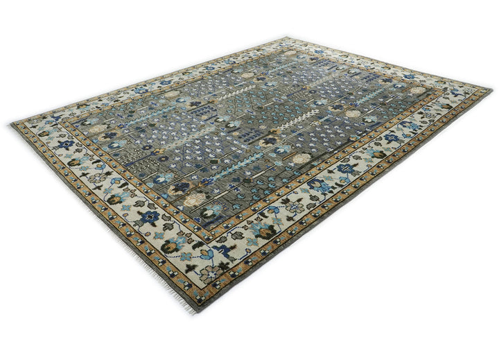 10x14 Gray, Tan, Blue Color Hand Knotted Oushak Wool Transitional Oriental Rug
