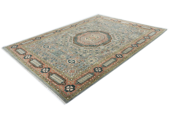 10x14 Slate, Green, Rose Color Hand Knotted Oushak Wool Traditional Oriental Rug
