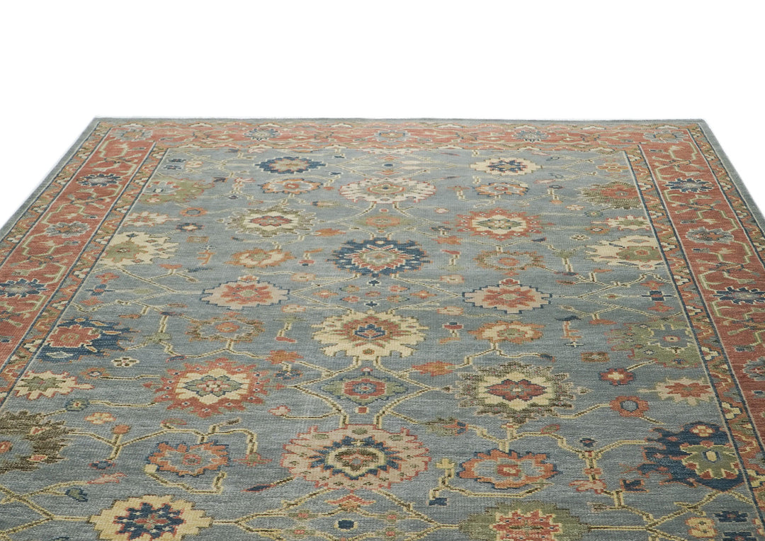 10x14 Blue, Rose, peach Color Hand Knotted Oushak Wool  Oriental Rug