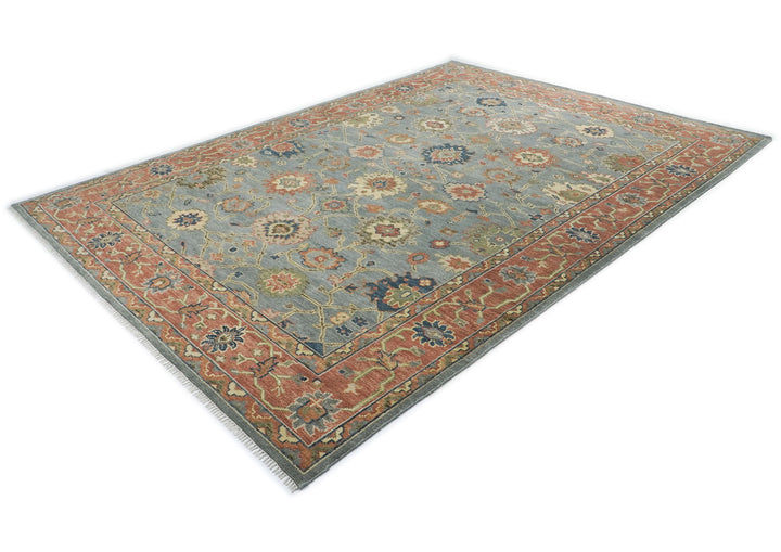 10x14 Blue, Rose, peach Color Hand Knotted Oushak Wool  Oriental Rug
