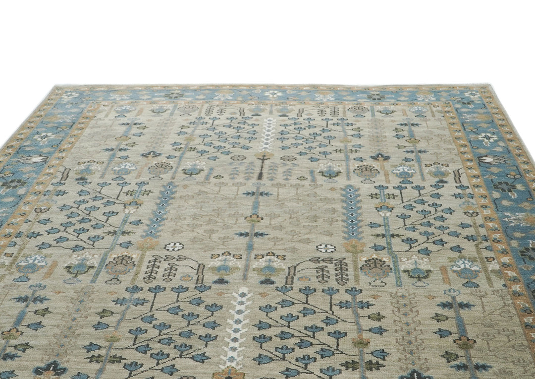 10x14 Beige, Aqua, Tan Color Hand Knotted Oushak Wool Transitional Oriental Rug
