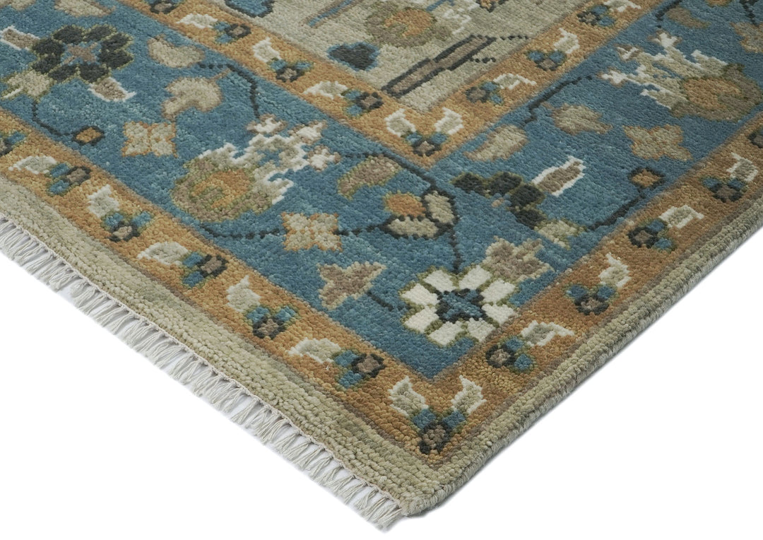 10x14 Beige, Aqua, Tan Color Hand Knotted Oushak Wool Transitional Oriental Rug