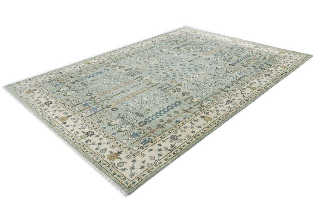 10x14 Celadon, Beige, Green Color Hand Knotted Oushak Wool Transitional Oriental Rug
