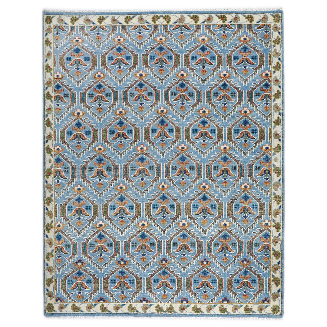 8x10 Blue, Green, Burnt Orange Go Color Hand Knotted Oushak Wool Transitional Oriental Rug