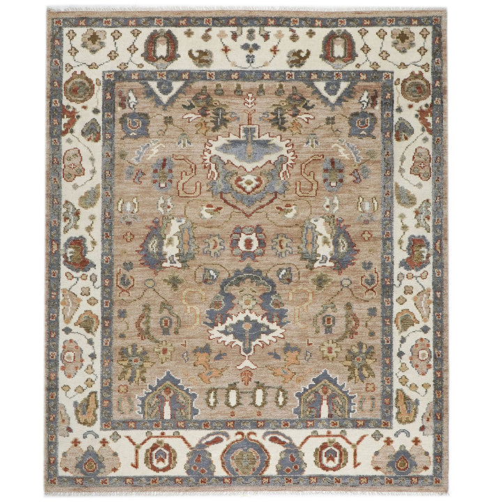 8x10 Mocha, Ivory, Slate Color Hand Knotted Oushak Wool  Oriental Rug