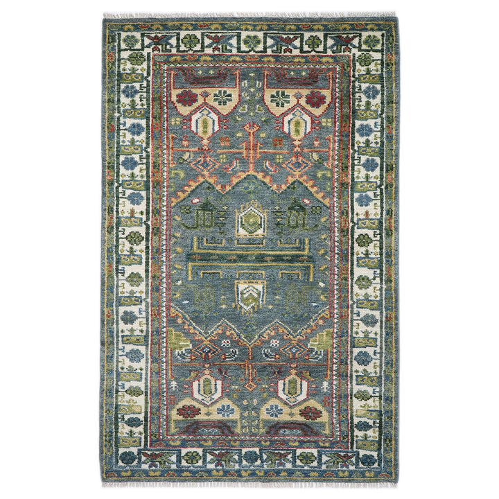 5x8 Teal, Ivory, Lime Color Hand Knotted Oushak Wool Transitional Oriental Rug