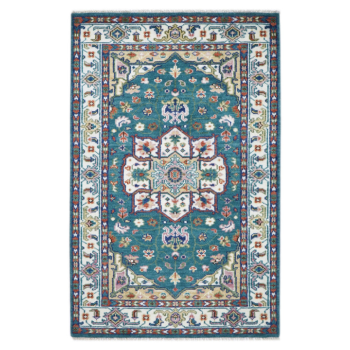 5x8 Turquoise, Ivory, Burnt Orange Go Color Hand Knotted Oushak Wool Traditional Oriental Rug